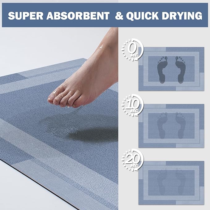 Non Slip Long Bathroom Runner Rug Bath Mat, Rubber Backing Ultra Thin Bathroom Rugs Fit Under Door Quick Dry Super Absorbent Washable Shower Mat for Bathtub Sink Floor, Blue 17"x59"