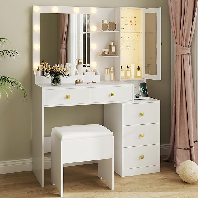 Vanity Desk with Mirror and Lights,Makeup Table with Charging Station & RGB Storage Cabinet,Large Drawer & Storage Shelves,5 Drawer,Bedroom Dressing Table, White