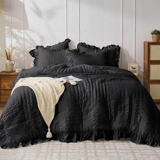 JOLLYVOGUE Black Twin Size Comforter Set, 2 Pieces Seersucker Lightweight Fluffy Bedding Set, Twin Ruffle Comforter, All Season Soft Microfiber Shabby Chic Bed Set for Girls