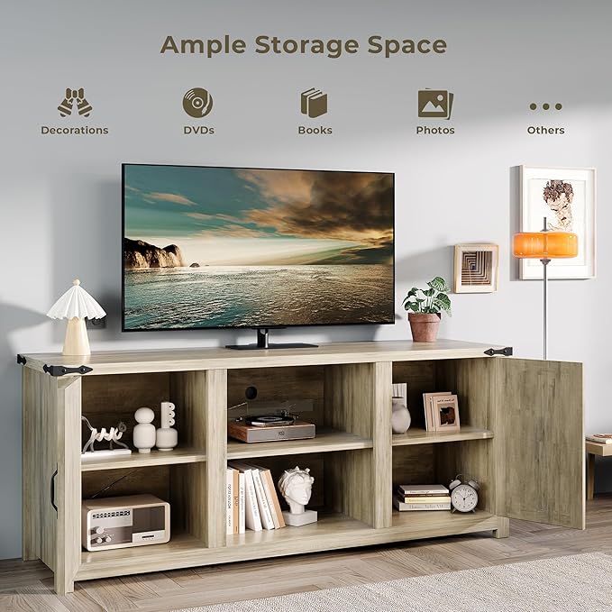 Modern Farmhouse TV Stand for Televisions up to 65’’, Entertainment Center with Storage Cabinets and Sliding Barn Doors, Media TV Consoles for Living Room, Bedroom, Gray Oak