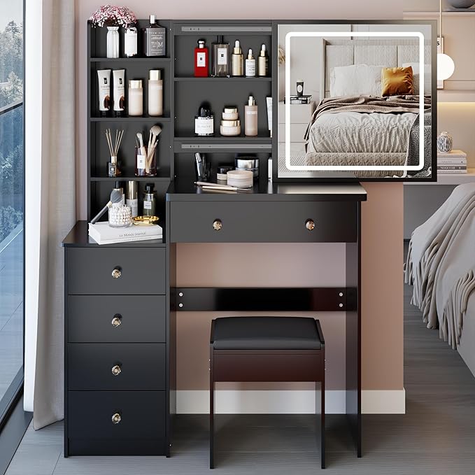 37" Vanity Desk with Mirror and Lights, Makeup Table with Led Lights and Sliding Mirror, 3 Lighting Colors, Vanity Set with Drawers and Stool for Bedroom, Black