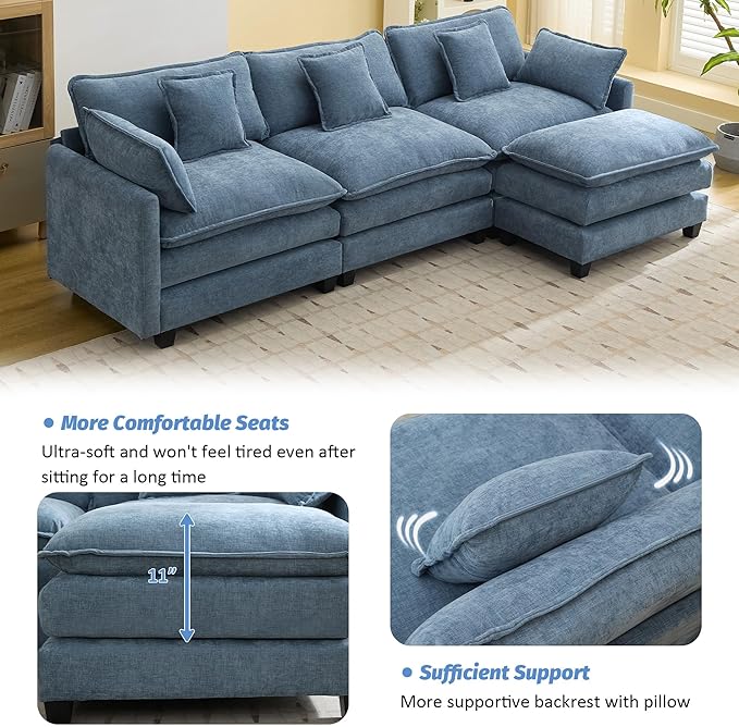 111'' Sectional Cloud Deep Seat Couch, Modern Comfy Chenille L Shaped Sectional Sofa for Living Room Set, Upholstered Modular 4-Seats Sofa Couch with Movable Ottoman, Blue