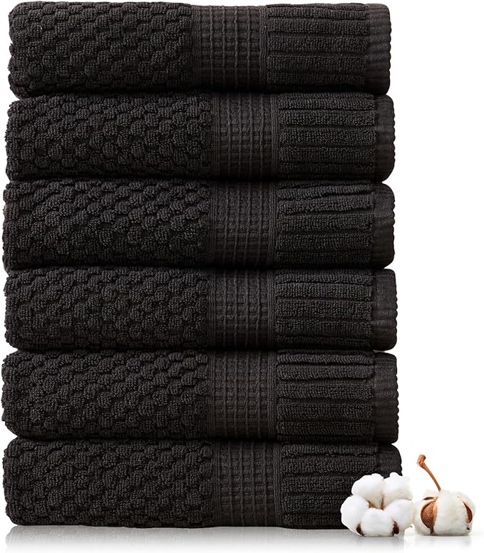 NY Loft 100% Cotton Hand Towel 6 Pack Hand Towel Set | Super Soft & Absorbent Quick-Dry Hand Towels 16" x 28" |Textured and Durable Cotton | Trinity Collection (6 Pack Hand Towel, Black)