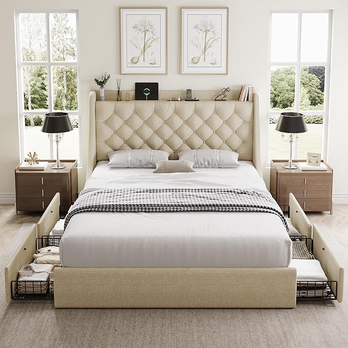 Queen Bed Frame with 4 Storage Drawers, Huge Upholstered Wingback Headboard, Fast Charging Station, No Box Spring Needed, Noise-Free, Beige