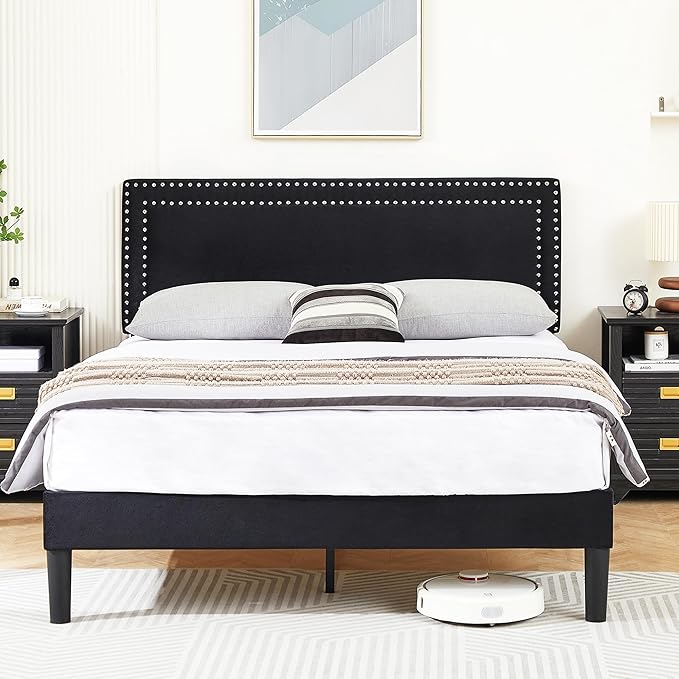 VECELO Full Size Platform Bed Frame with Adjustable Upholstered Headboard, Modern Mattress Foundation,Strong Wood Slat Support, No Box Spring Needed, Easy Assembly