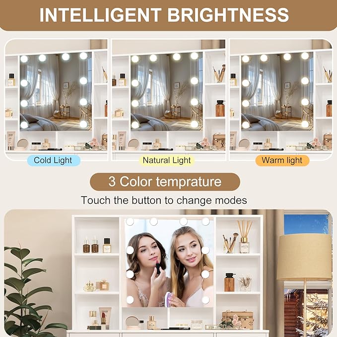 Large Vanity Table, Makeup Vanity with Mirror and Lights, 7 Drawers 8 Open Shelves, Hollywod Vanity Table for Girls and Women,100 * 40 * 140cm, Modern White