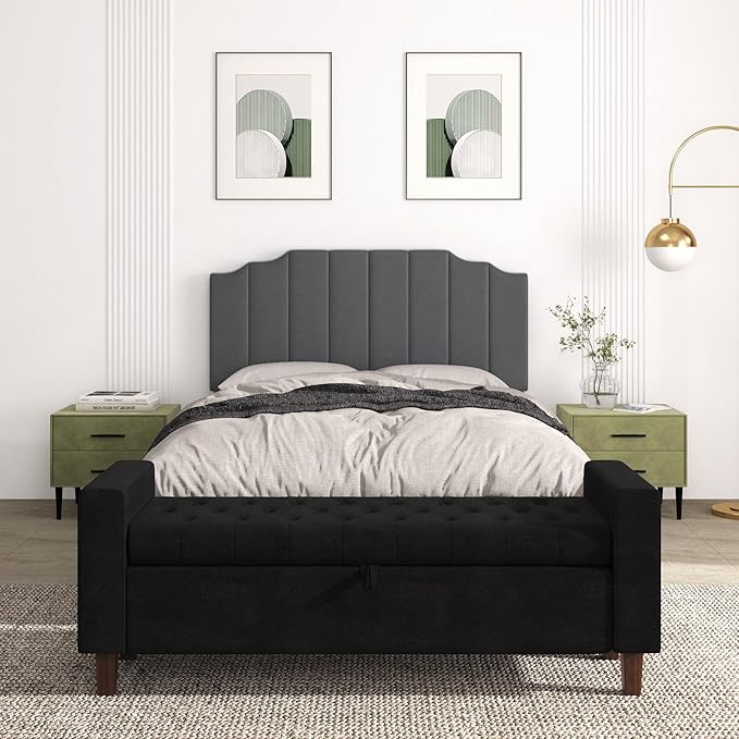 Queen Size Headboard Only, Velvet Wall Mounted Headboard Queen/Full Size for Adjustable Bed, Modern Vertical Channel Design with Curved Tufted Upholstered Head Board,Dark Gray