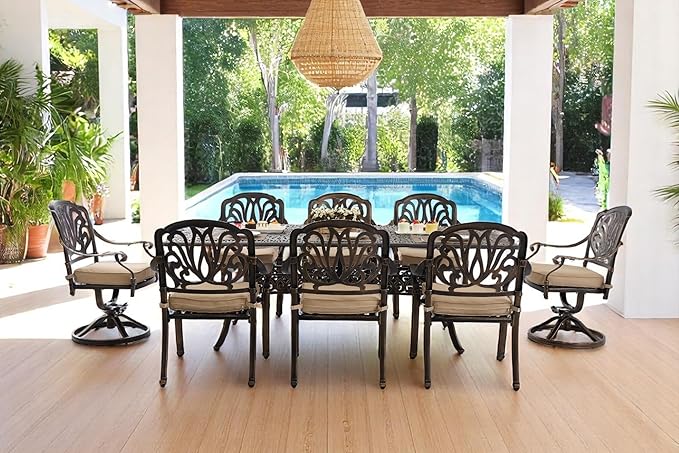 9 Piece Outdoor Dining Set Cast Aluminum, Retro Patio Dining Furniture Set for 8 Includes 86.6’’ Rectangular Table 2 Swivel Chairs with Thicker Cushion and Umbrella Hole for Patio Deck Garden