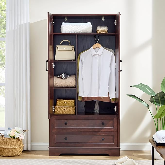 SOOWERY Dresser for Bedroom, Farmhouse Dresser with 2 Wooden Drawers and Storage Cabinets, 71 Inches Tall Chest of Drawers for Bedroom, Living Room, Hallway, Dark Cherry