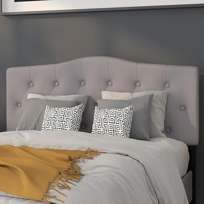 EMMA + OLIVER Arched Button Tufted Full Size Headboard in Light Gray Fabric