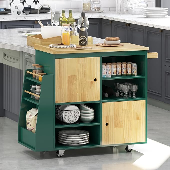 NSdirect Kitchen Island Cart,Kitchen Bar&Serving Cart Rolling on Wheels with Spice Rack Towel Holder Utility Storage Trolley with Storage Drawers,Green