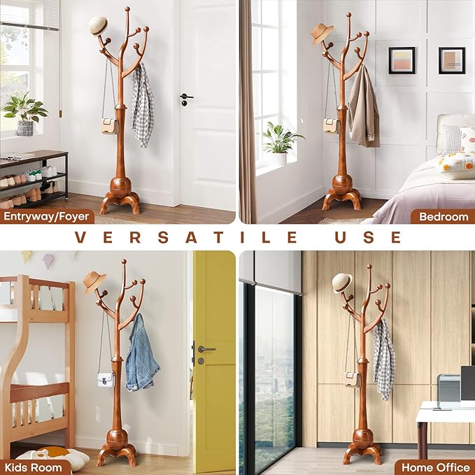 Coat Rack Freestanding Wood Tree Rack with 8 Hooks, Creative Design Tree Branch-look, Coat Tree Clothes Hanger Stand with Stable Sphere Base for Entryway, Hallway, Bedroom - Load 160lbs (Light Brown)