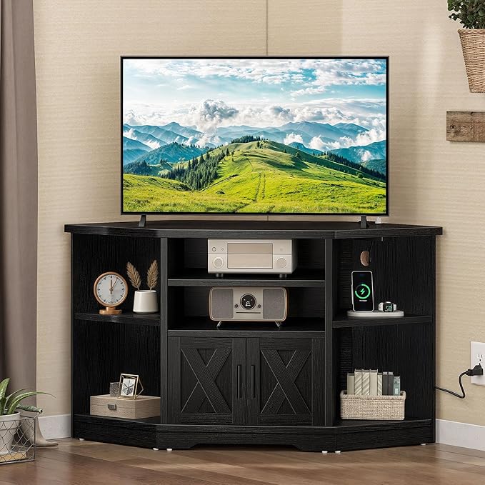 YITAHOME Corner TV Stands for Living Room, Black Entertainment Center with Storage, Farmhouse TV Stand for 55 inch TV w/Power Outlets, TV Console Media Cabinet, Black