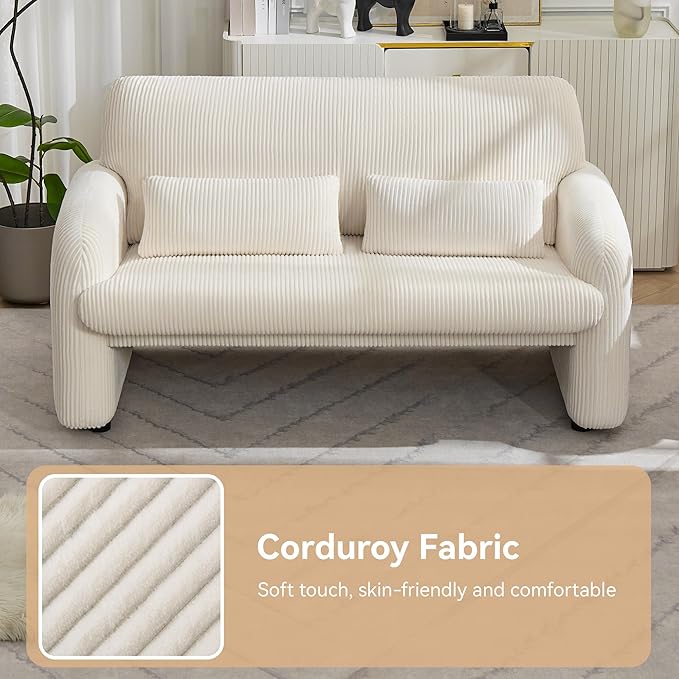 Corduroy Accent Living Room Sets, Modern Upholstered Love Seat with 2 Accent Chairs, Wide Comfy Leisure Chair Sets for Bedroom, Office, White