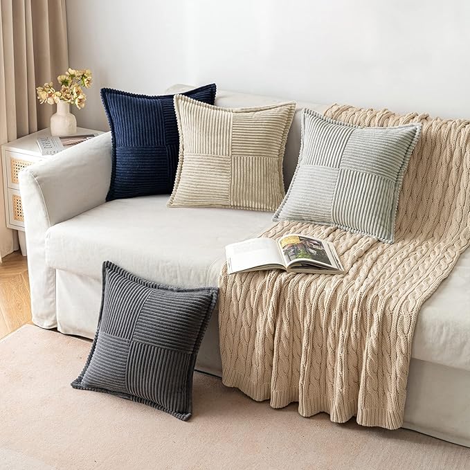 MIULEE Cream Corduroy Decorative Euro Sham Pillow Covers 24x24 Inch with Splicing Set of 2 Soft Boho Pillow Covers Broadside Textured Pillowcases for Couch Bed Livingroom