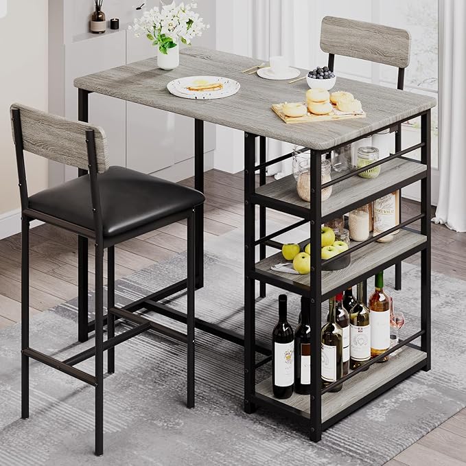 CABIHOME Dining Table Set for 2, Kitchen Table and Upholstered Chairs for 2, 3 Piece Counter Height Bar Table Set with 3 Large Storage Shelves for Small Space, Apartment, Studio, Rustic Gray