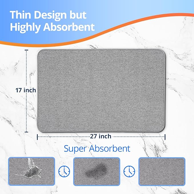 2 Pack Thin Bathroom Rugs, Bath Mat Super Absorbent, Bath Rugs Rubber Backing Non-Slip, Quick Dry Machine Washable, Cozy Cloth Bathroom Mat fit Under Door/ Sink/Bathtub/Shower/Kids 17''x27''-Gray