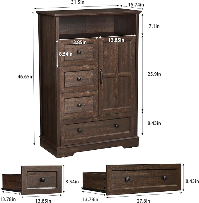 4+1 Cherry Dresser for Bedroom, Chest of Drawers for Bedroom with Wooden Drawers and Cross Door, Wood Dressers Storage TV Stand for Bedroom, Living Room