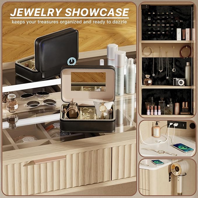 48" Fluted Makeup Vanity Desk with 36" Mirror and 3 Modes Lights, Glass Top Dressing Table with Jewelry Organizer Cabinet, Storage Cabinet, 3 Drawers, Charging Station for Bedroom, Oak