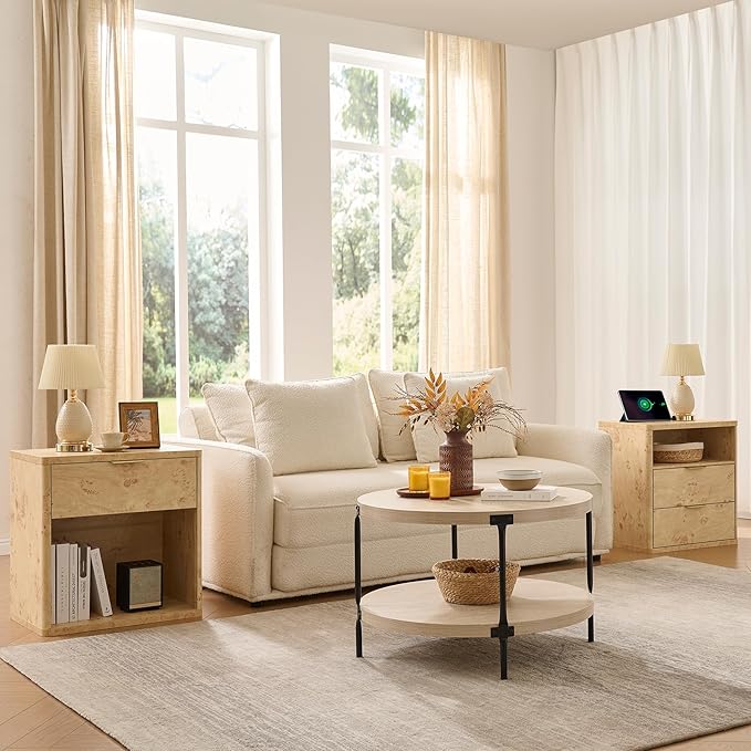 Round Boho Wood Coffee Table - 29.1" Farmhouse Natural Circle Wooden 2-Tier Coffee Tables Living Room Furniture, 29.1" D x 18.3" H, Warm Stone