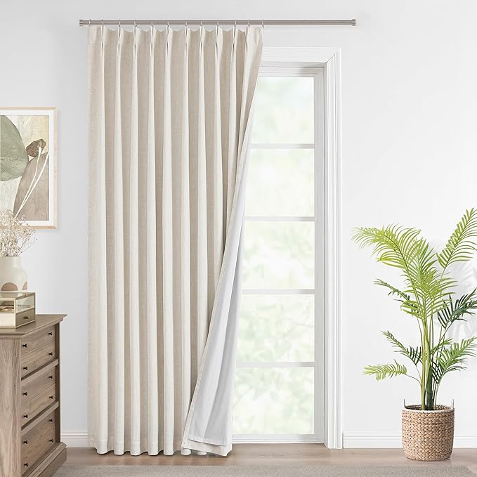 Vision Home Natural Pinch Pleated Full Blackout Curtains Linen Blended Room Darkening Window Curtains 95 inch for Living Room Bedroom Thermal Insulated Pinch Pleat Drapes with Hooks 1 Panel 60"Wx95"L