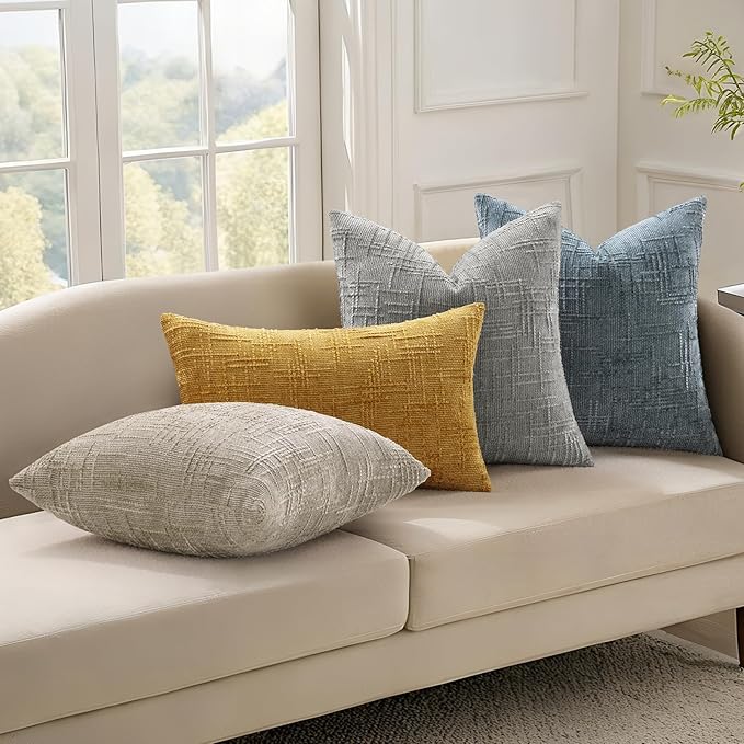 decorUhome Neutral Grey Chenille Throw Pillow Covers 20x20 Set of 2 Thick Textured Slubby Couch Pillow Covers Farmhouse Accent Modern Neutral Decorative Pillow Cases for Bed Sofa Living Room