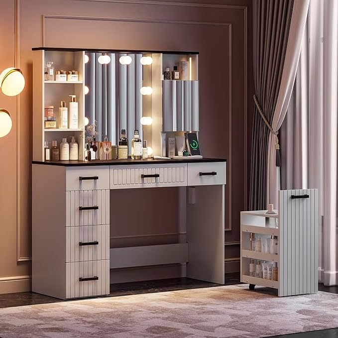 Makeup Vanity Desk with Adjustable Mirror & Rolling Cart, White Vanity Table with LED Light Bulbs, 3 Lighting Modes, Power Strip, Ambient Light & 6 Storage Drawers