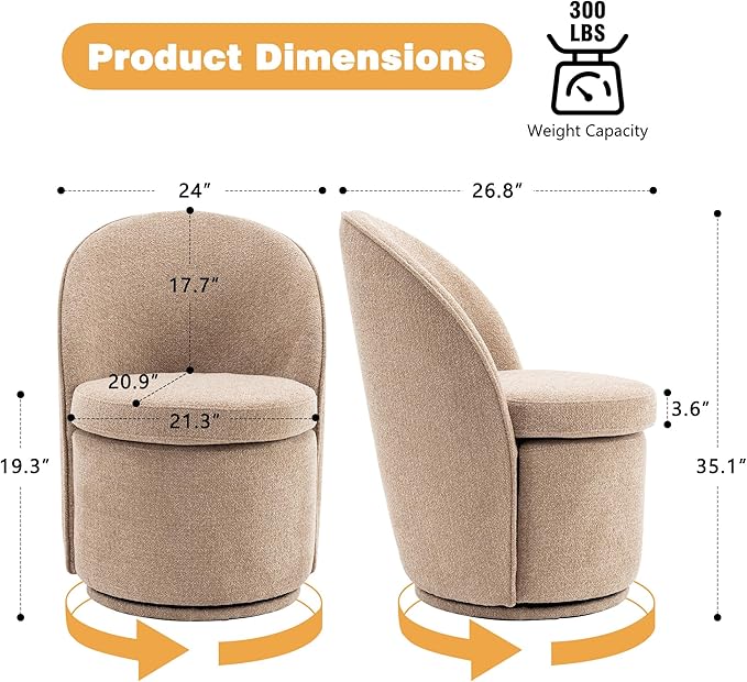 YOUNIKE Vanity Bench Boucle Fabric Coffee Solid Wood Swivel Accent Chair with Backrest Easy Assembly Dressing Stool for Bedroom & Makeup Room