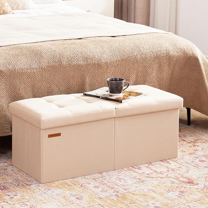 HAUSFRAU 31.5 Inches Ottoman with Storage, Folding Ottoman Small Foot Rest Stool Bedroom Bench with Flipping Lid, Linen Beige
