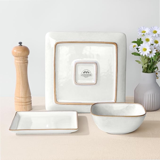 Herogo 12 Pieces Square Stoneware Dinnerware Dishes Set for 4, Handmade Dining Plates and Bowls Sets, Double Reactive Glaze, Microwave & Dishwasher Safe, Scratch Resistant, Ivory White