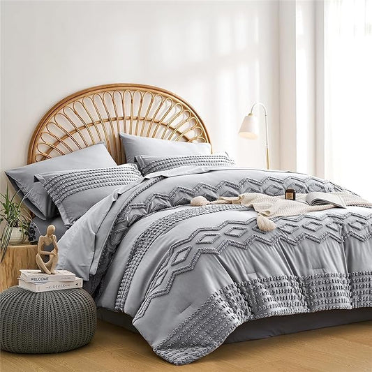 KAKIJUMN Grey Tufted Comforter Set Full Size 7 Piece Bed in a Bag, Shabby Chic Boho Comforter and Sheet Set, Pom Pom Textured Bed Set, All Season Soft Microfiber Complete Bedding Set(Grey,Full)