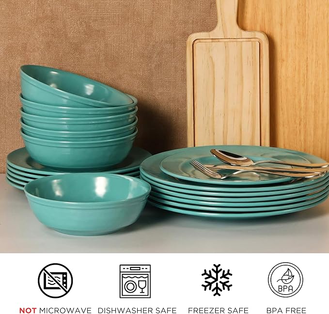 TP 18-Piece Dinnerware Set, Melamine Dishes Set with Bowls and Plates, Service for 6, Non-breakable Lightweight Dining Tableware, Teal