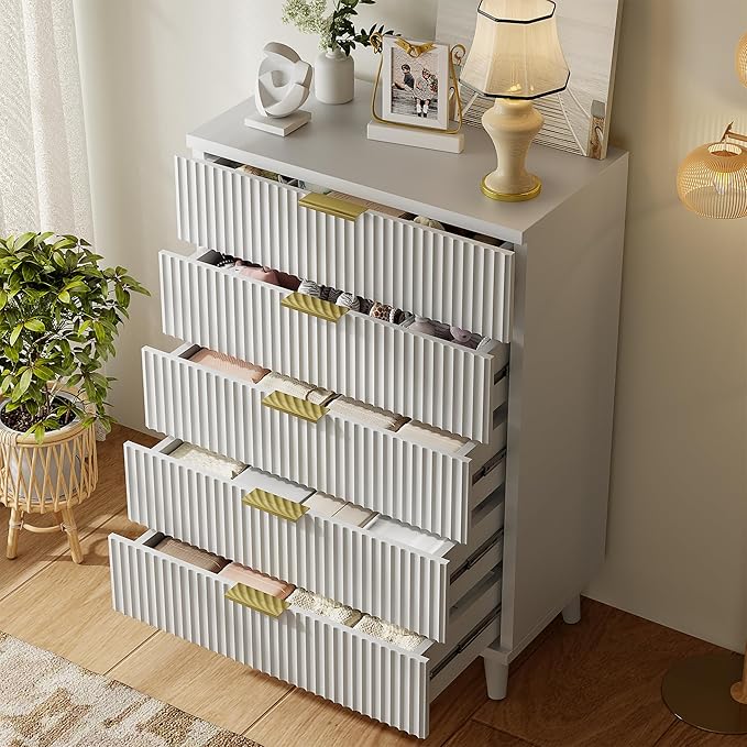 Lulive White Dresser for Bedroom Wood Tall Dressers Drawers, Fluted Modern Dresser 5 Drawers White