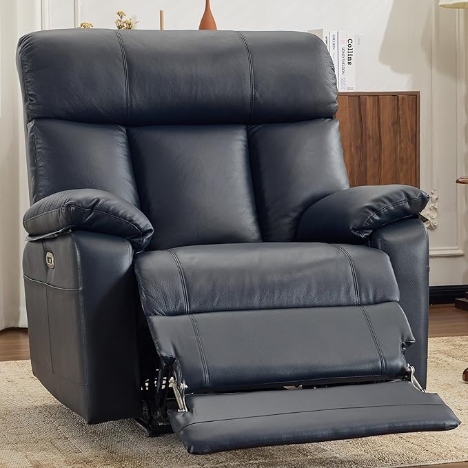 AEDI 450lbs Genuine Leather Power Recliner Chair for Big and Tall Adults Oversized Electric Reclining Sofa for Living Room,Extra Wide 27.5” Seat,Extended Footrest,USB Charging,Dark Blue