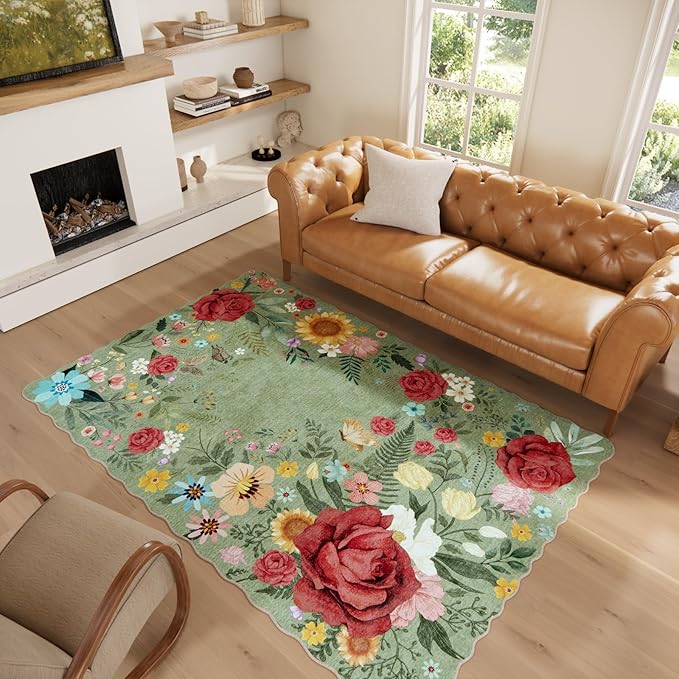 Washable Floral Area Rugs for Living Room, 5'x7' Green Soft Non-Slip Bedroom Rug Stain Resistant Lightweight Boho Vintage Low-Pile Throw for Dining Room Office