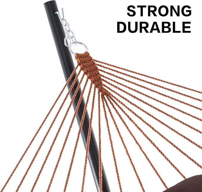 PNAEUT Double Hammock with Stand for Outside, Rope Hammocks with Hardwood Spreader Bar 2 Person, 12ft Heavy Duty Stand, Extra Pillow, Max 475 lbs Capacity (Mocha)