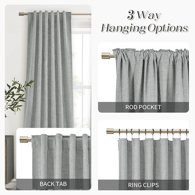 100% Linen Blackout Curtains for Bedroom 45 Inches Long, Back Tab/Rod Pocket Kitchen Drapes, Thermal Insulated Textured Blackout Curtains 2 Panels Set, 52" W x 45" L, Grey