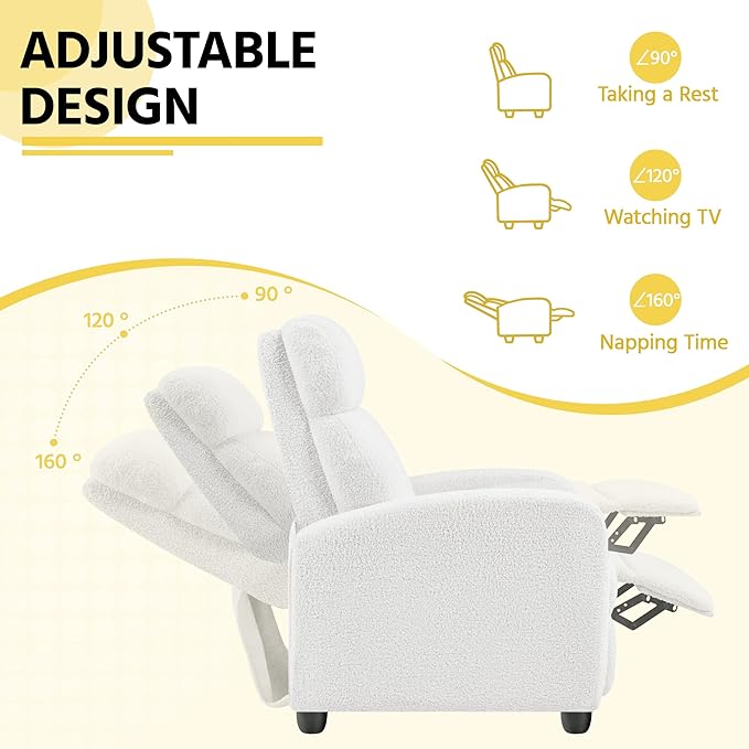 Yaheetech Boucle Recliner Chair Single Sofa Home Theater Seating Adjustable Modern Single Reclining Chair for Living Room Bedroom Home Theater White