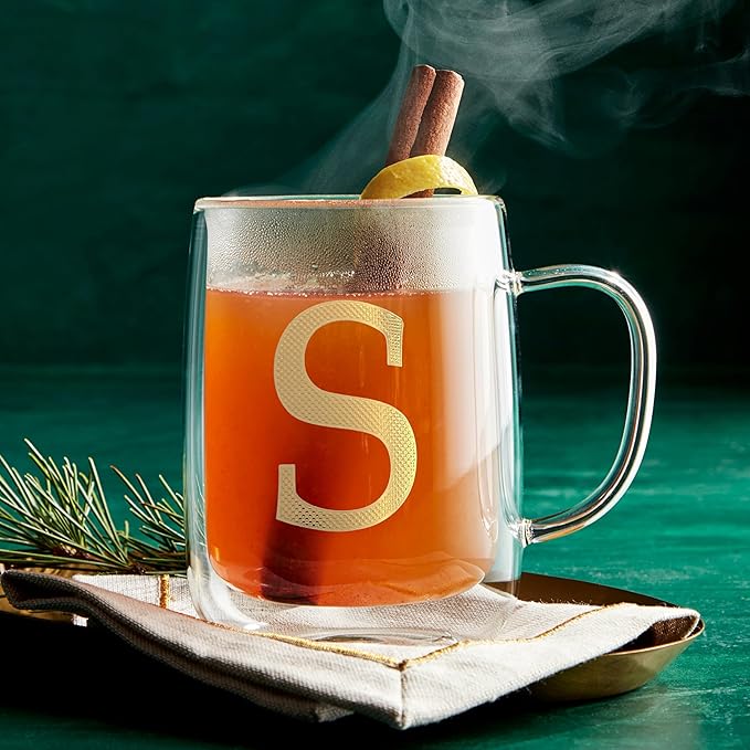 COLLECTIVE HOME - Double Walled Glass Coffee Mugs, Insulated Coffee Mug with Handle, Personalized Gifts for Women, Men, Christmas, 14 oz Monogram Cups (S)