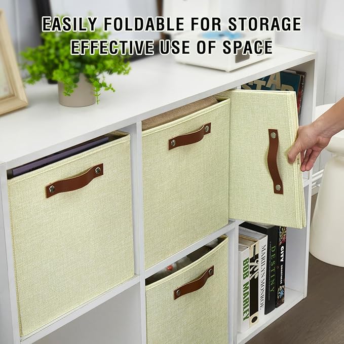 Collapsible Fabric Storage Cube Bins with 2 Reinforced PU Handles, Foldable Storage Organizer Baskets for Closet, Shelves, Living Room | 13"x13"x13", 4 Pack, Full Beige