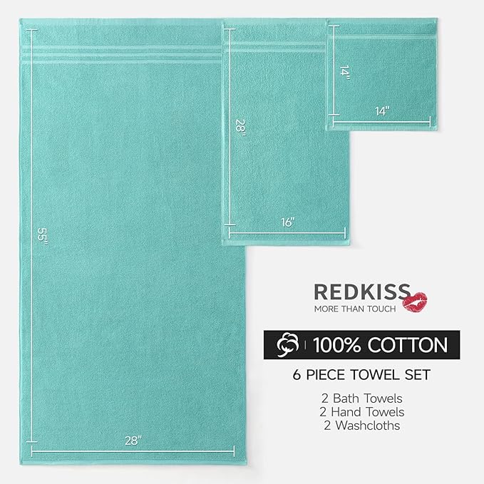 REDKISS 6 Piece Luxury Bath Towel Set - 100% Cotton Towels for Bathroom, 600 GSM Premium Turquoise Towels of 6, Includes 2 Large Bath Sheets, 2 Hand Towel, 2 Washcloths, Highly Absorbent