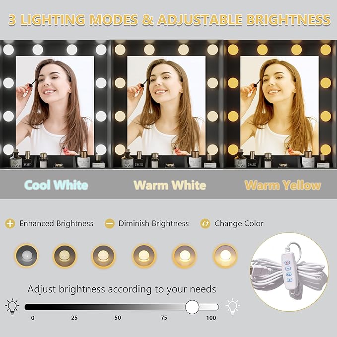 Makeup Vanity Desk with Mirror and Lights, Black Vanity Table Set with Storage Drawers, Charging Station, Cabinets & Chair, Large Dressing Table with RGB Ambient Light for Women Girls Bedroom Bathroom