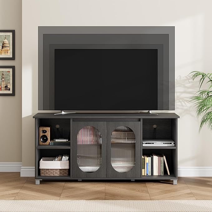 71" Modern Farmhouse TV Stand - Corrugated Glass Door Media Console with 3 Open Shelves, 15" D x 29" H Entertainment Center (Black & Dark Brown)