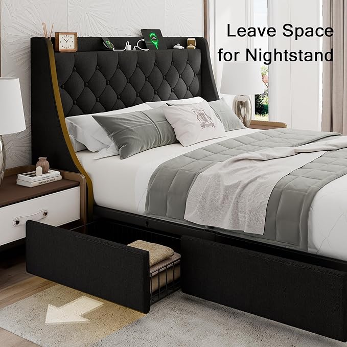 Queen Bed Frame with 4 Storage Drawers, Upholstered Modern Bed Frame with Wingback Headboard, Charging Station, No Box Spring Needed, Easy Assembly, Black
