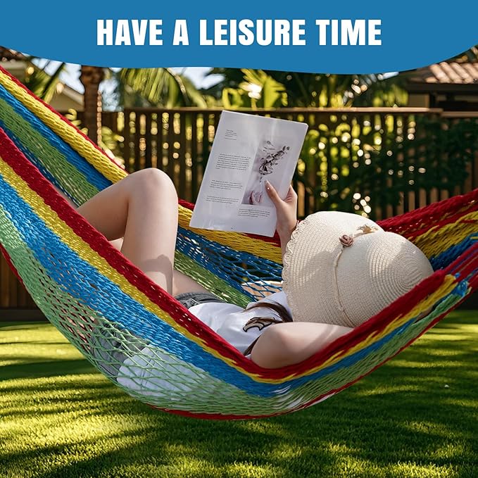 HappyPicnic Handwoven Mayan Hammock - Portable Family Hammock with Carry Bag Matrimonial Size Multi-Color Handmade Hammock for Travel Camping Backyard, Porch, Outdoor or Indoor Use (Colorful)