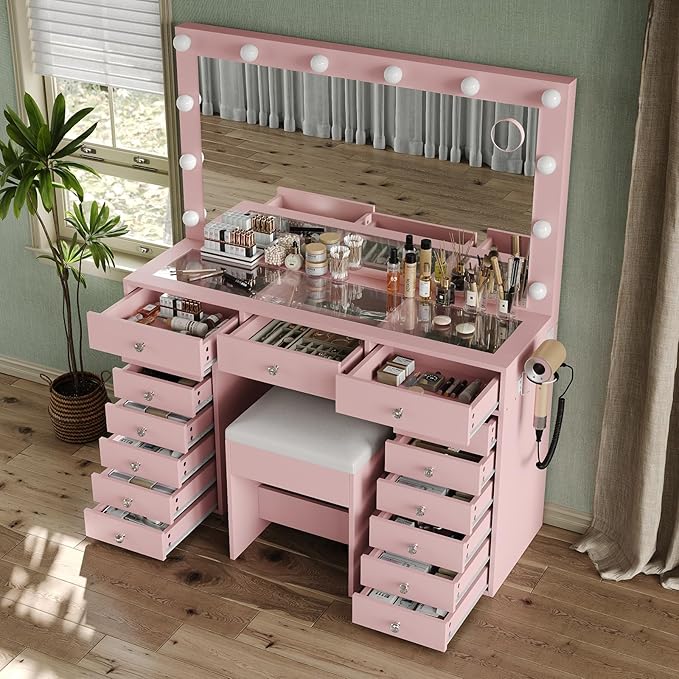15 Drawers Makeup Vanity with Charging Station, Vanity Desk with 12 LED Bulbs and HD Mirror, 3 Color Brightness Adjustable, Vanity Set for Bedroom, Pink