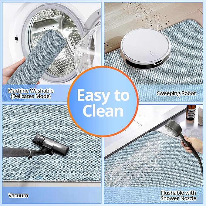 Upgraded Thin Bathroom Rugs, Bath Mat Super Absorbent, Bath Rugs Rubber Backing Non-Slip, Quick Dry Machine Washable, Cozy Cloth Bathroom Mat fit Under Door/Sink/ Bathtub/Shower/Kids 19''x30''-Blue