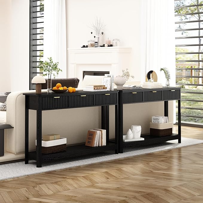 RUSTOWN Fluted Wood Console Table with 3 Drawers, Boho Narrow Behind Couch Entryway Table with Open Storage Shelf, Modern Sofa Table for Living Room, Foyer and Hallway (Black)