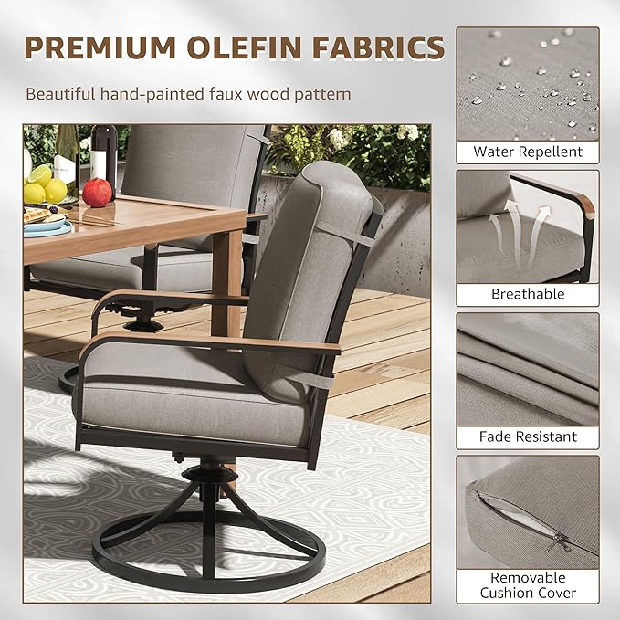 NATURAL EXPRESSIONS 5 Piece Outdoor Patio Dining Sets, 4pcs Swivel Dining Chairs & Square Woodgrain Dining Table with 1.65”Umbrella Hole for Lawn, Garden, Deck, Backyard and Porch