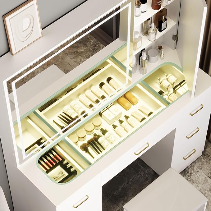 Glass Top Makeup Vanity Desk with Large Mirror and LED Lights,Vanity Stool&Storage Bench,White Vanity with Hidden Storage Mirror Cabinet&7 Drawers,Makeup Organizer Countertop for Room